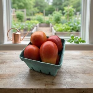 Roma tomatoes in a pint container from Grey and Bash Farm