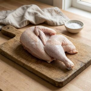 Pasture raised half chicken on a wooden cutting board